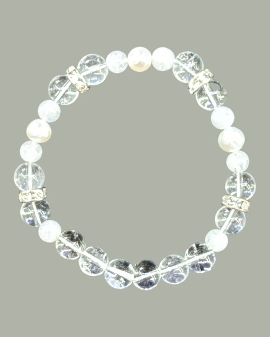 6mm & 8mm round Rainbow Moonstone & Pearl & Clear Quartz bracelet